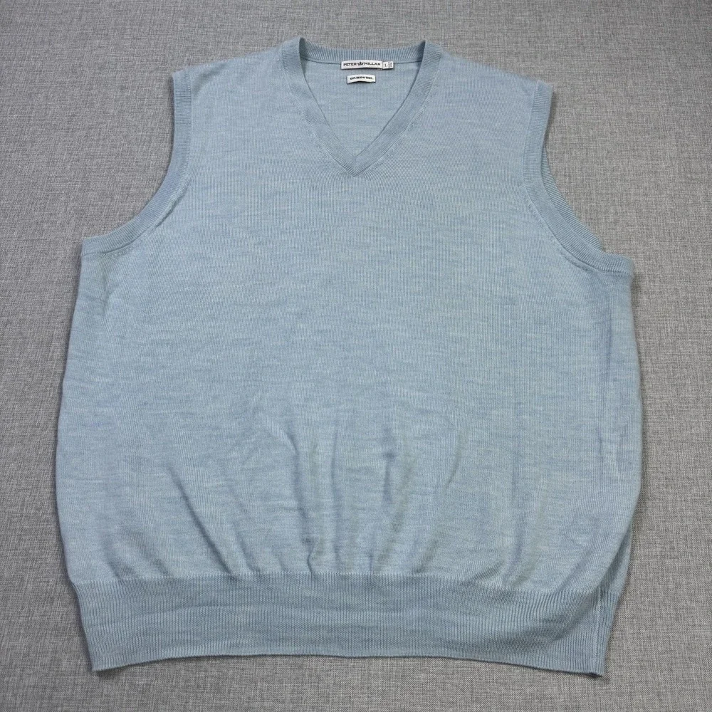 Peter Millar Merino Wool Golf Sweater Vest Mens Large Blue V-Neck Sleeveless